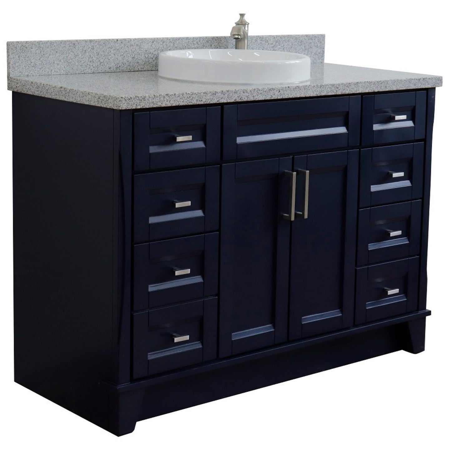 49" Single sink vanity in Blue finish with Gray granite and round sink