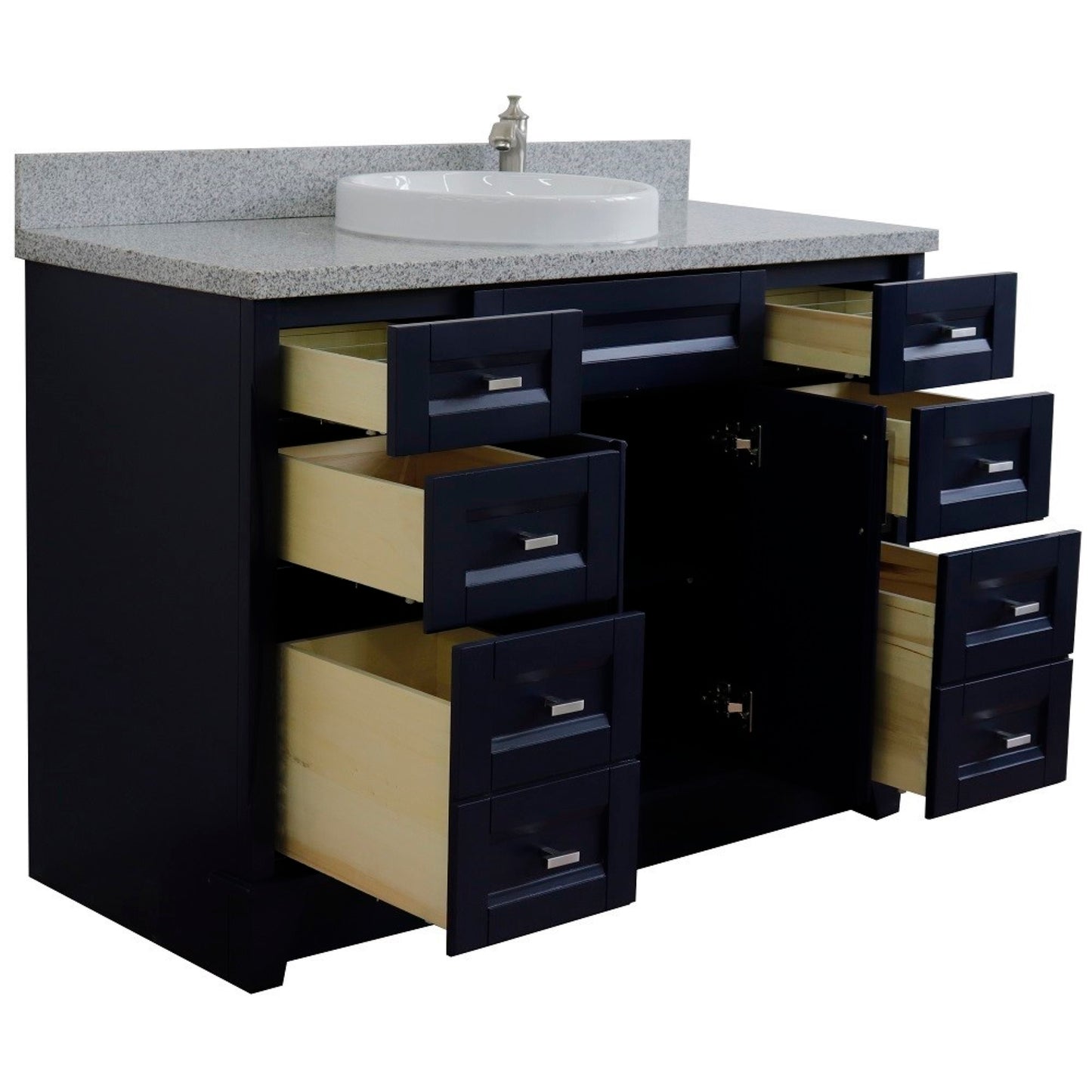 49" Single sink vanity in Blue finish with Gray granite and round sink