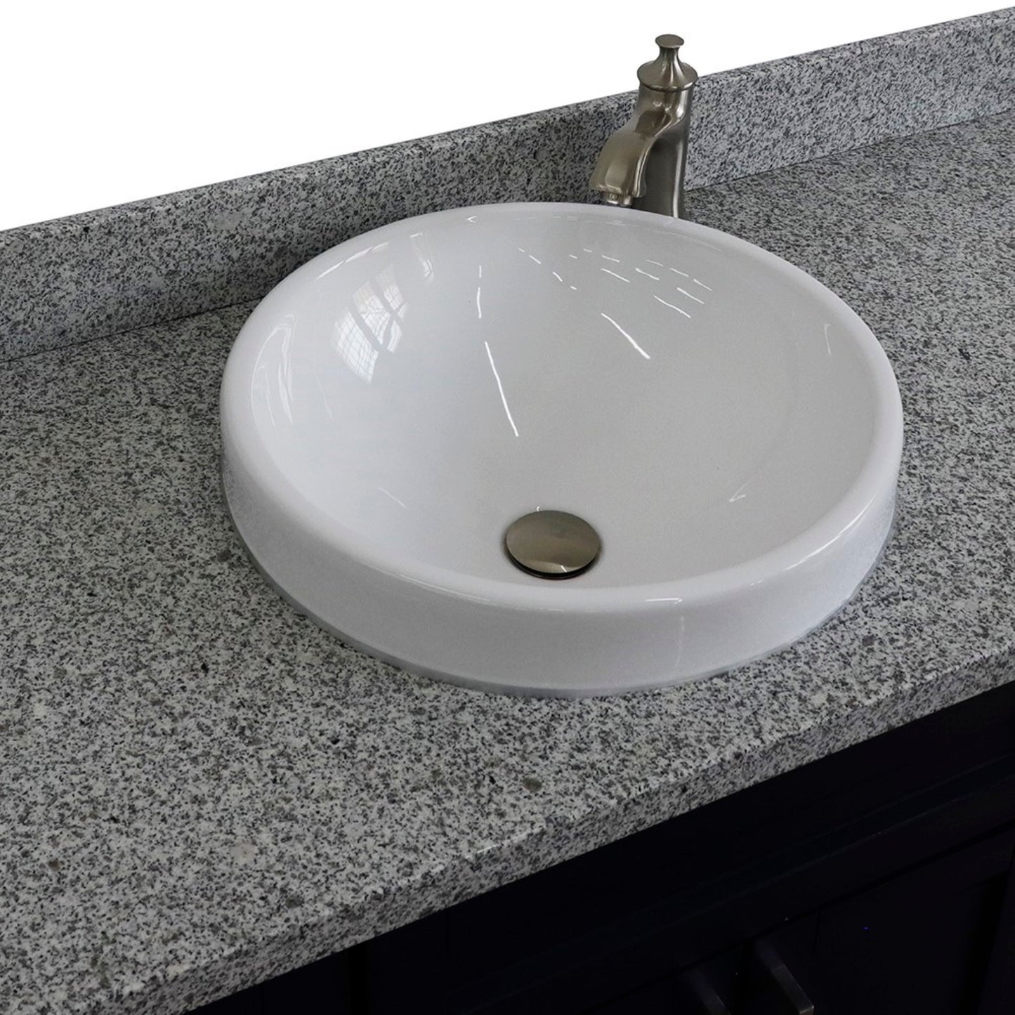 49" Single sink vanity in Blue finish with Gray granite and round sink