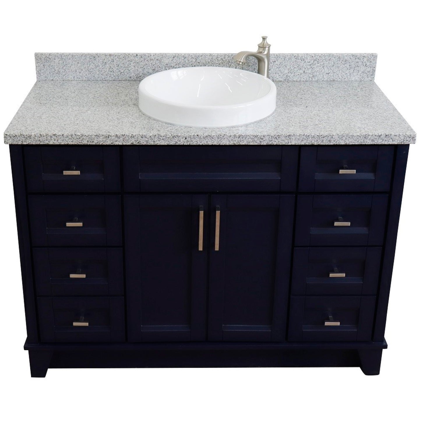 49" Single sink vanity in Blue finish with Gray granite and round sink