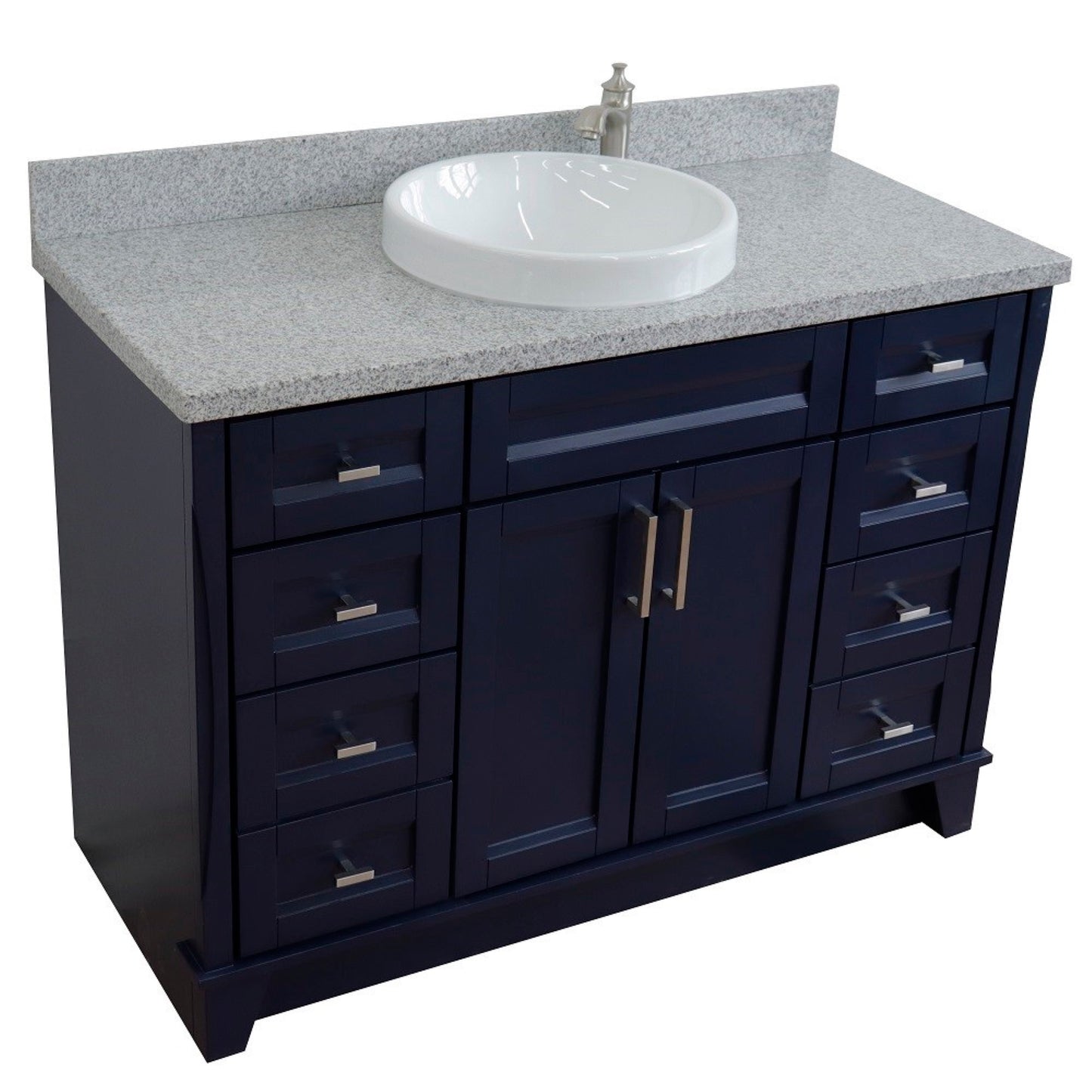 49" Single sink vanity in Blue finish with Gray granite and round sink