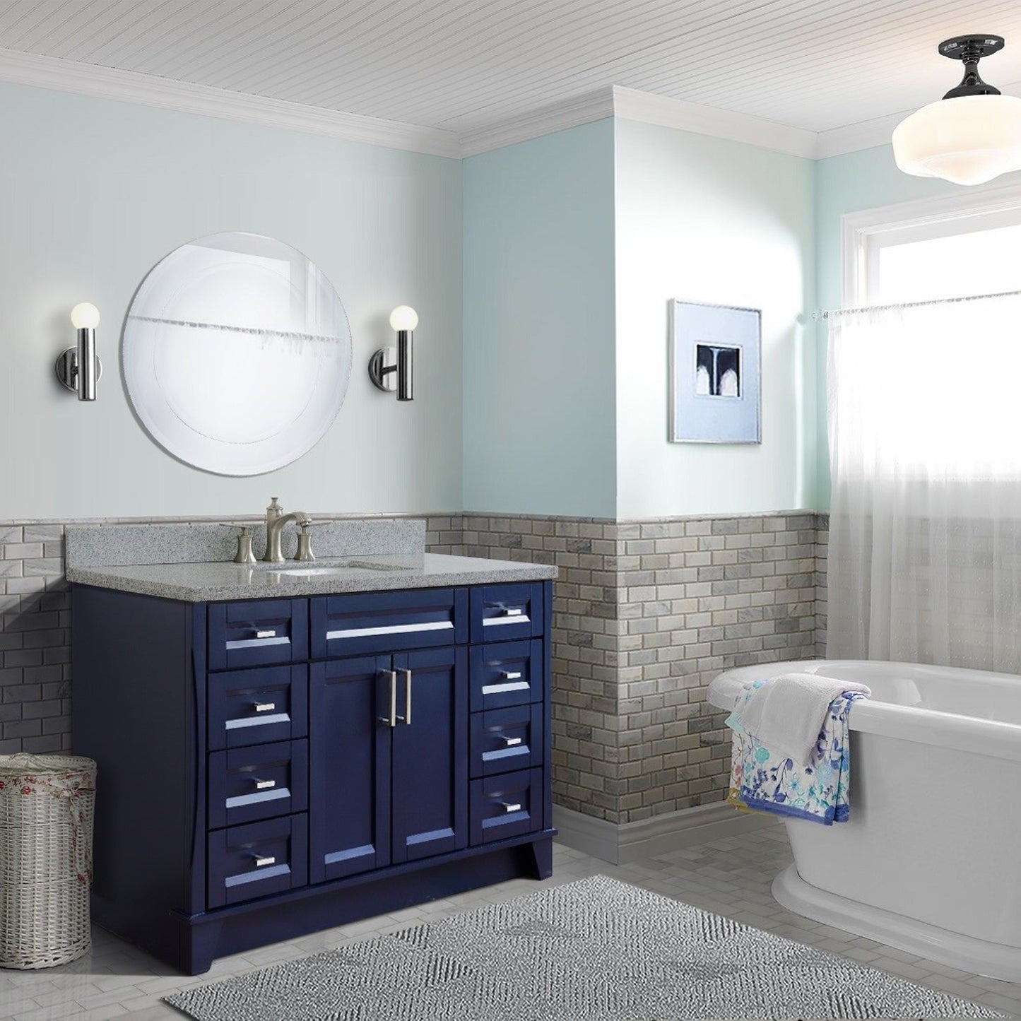 49" Single sink vanity in Blue finish with Gray granite and rectangle sink