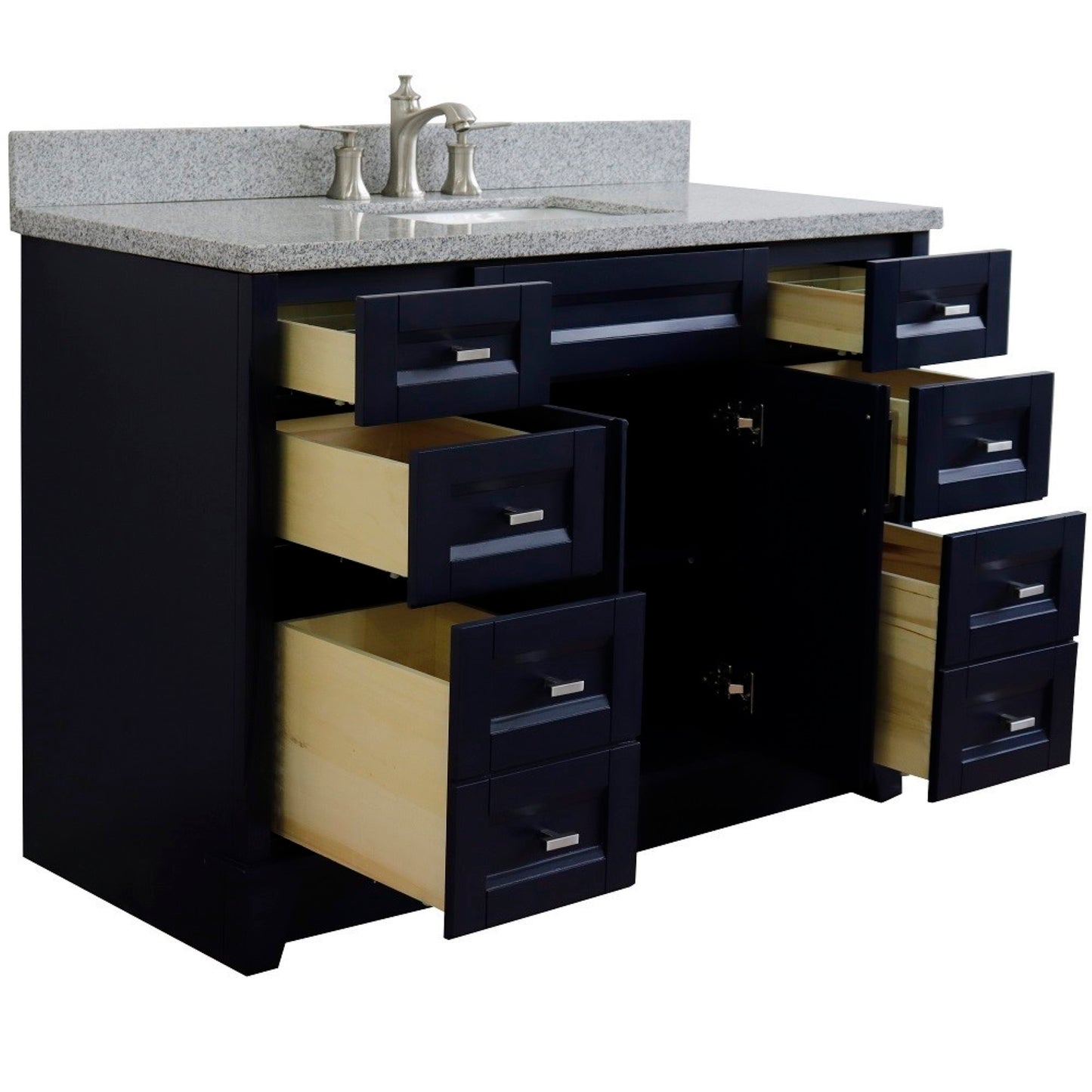 49" Single sink vanity in Blue finish with Gray granite and rectangle sink