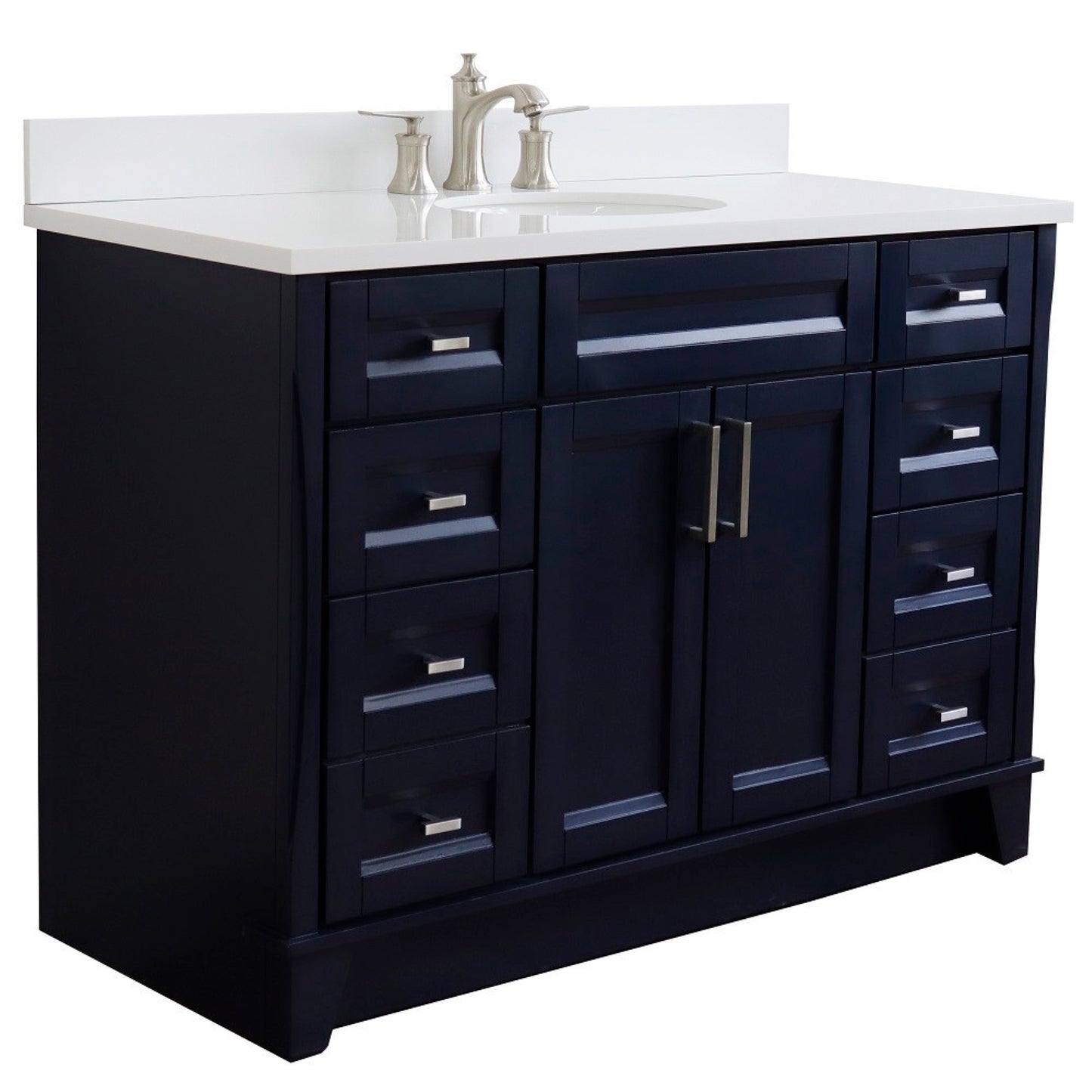 49" Single sink vanity in Blue finish with White engineered stone and oval sink