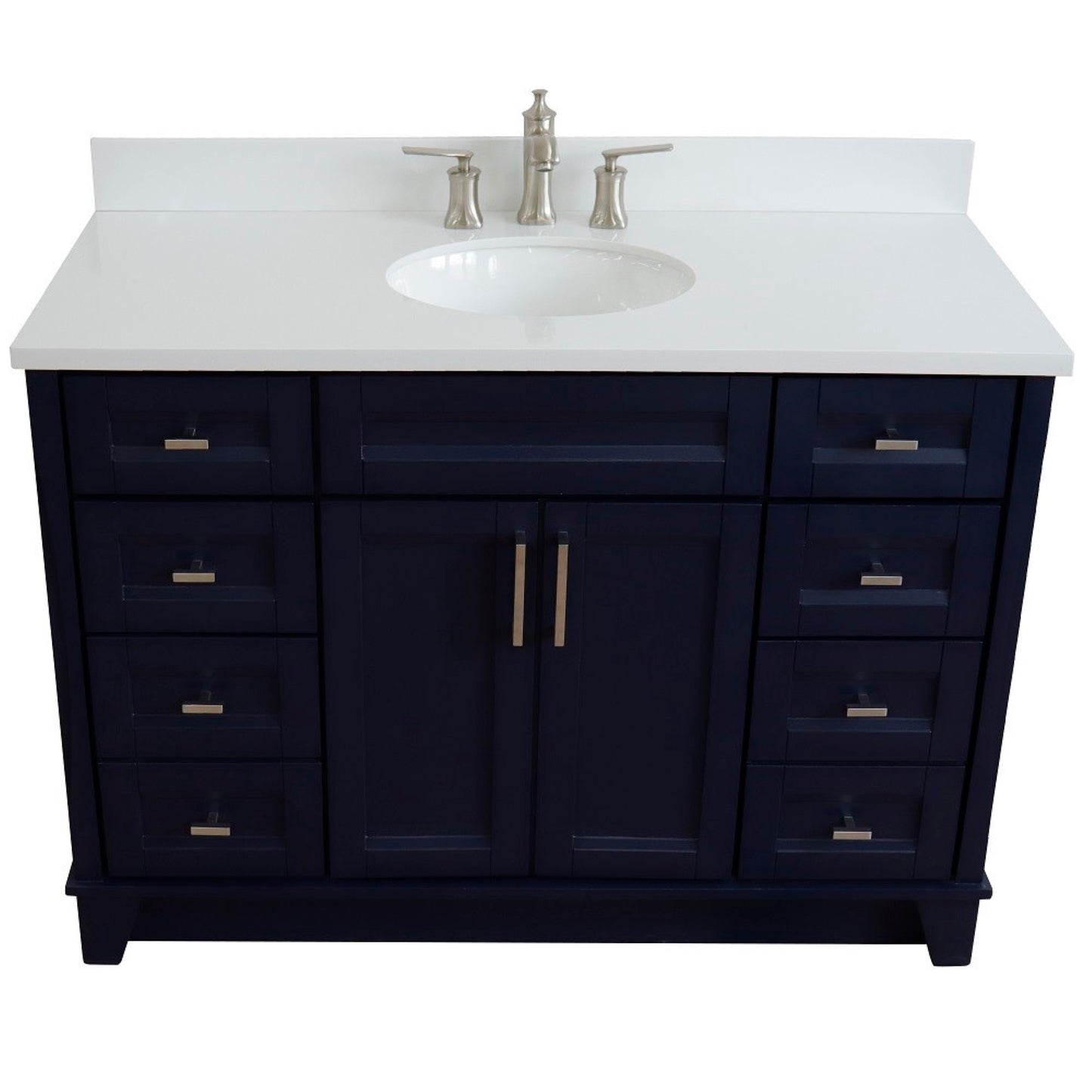 49" Single sink vanity in Blue finish with White engineered stone and oval sink