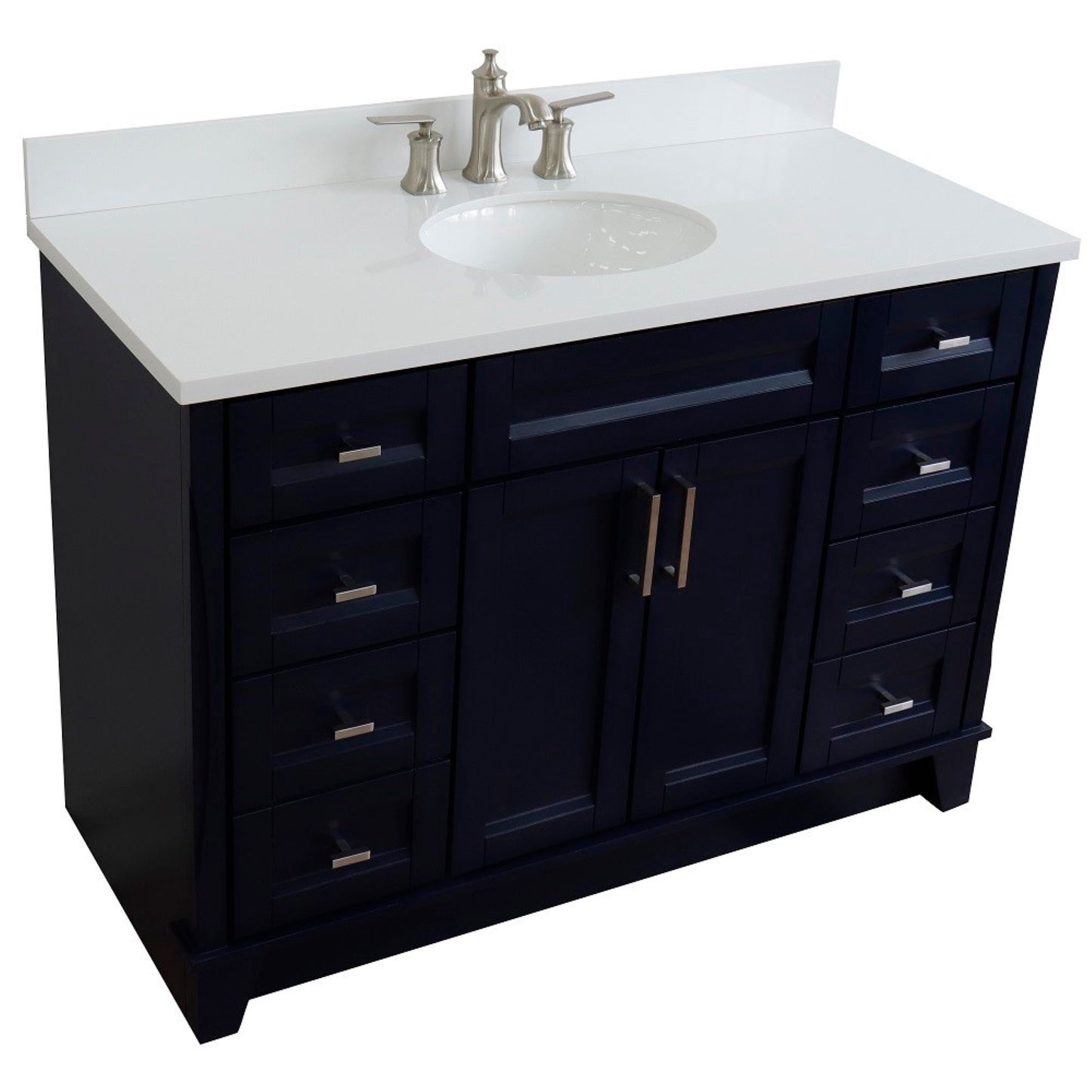 49" Single sink vanity in Blue finish with White engineered stone and oval sink