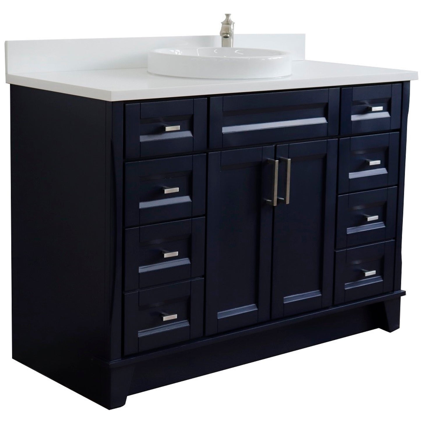 49" Single sink vanity in Blue finish with White engineered stone and round sink