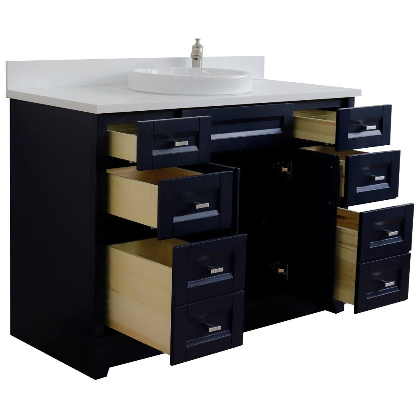 49" Single sink vanity in Blue finish with White engineered stone and round sink