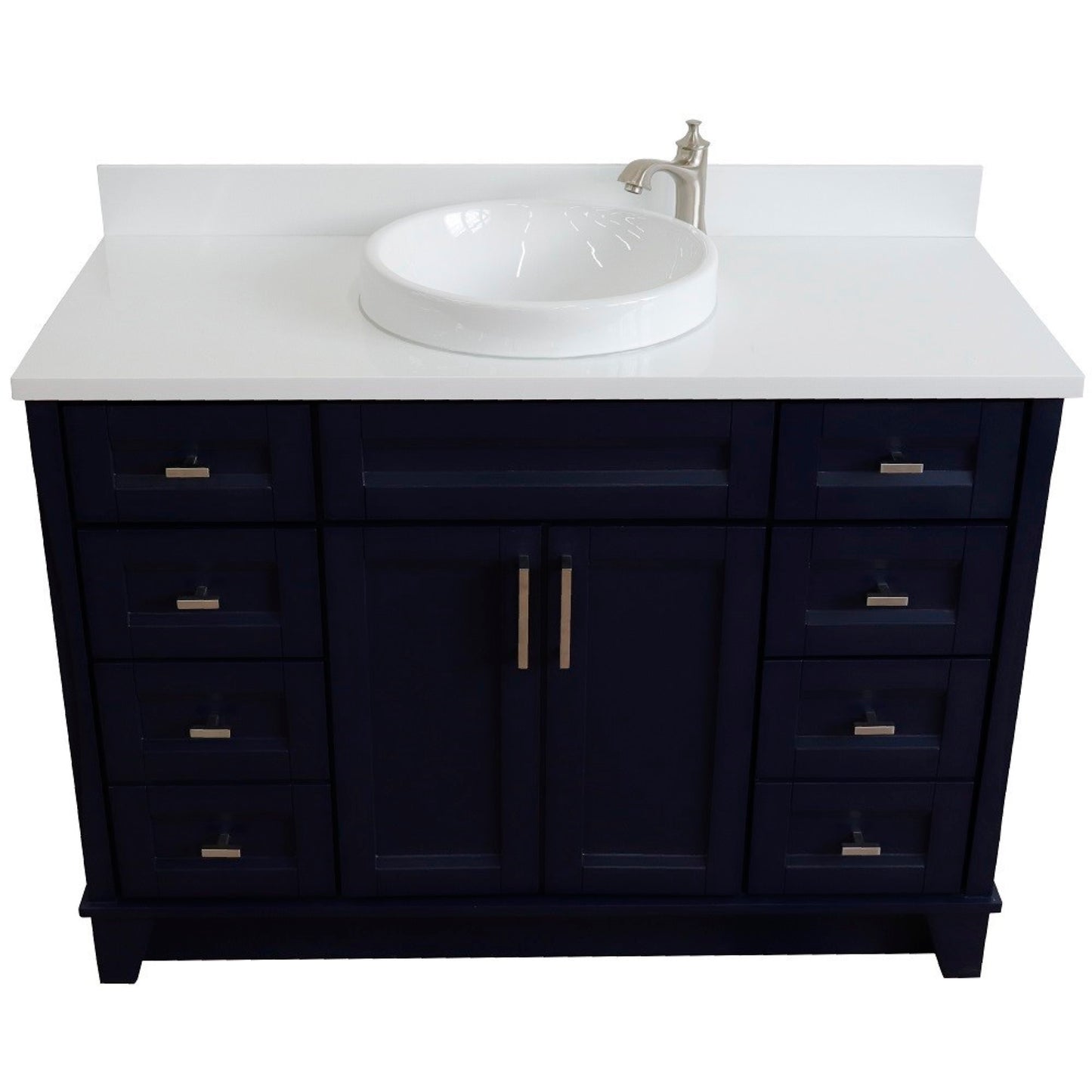 49" Single sink vanity in Blue finish with White engineered stone and round sink