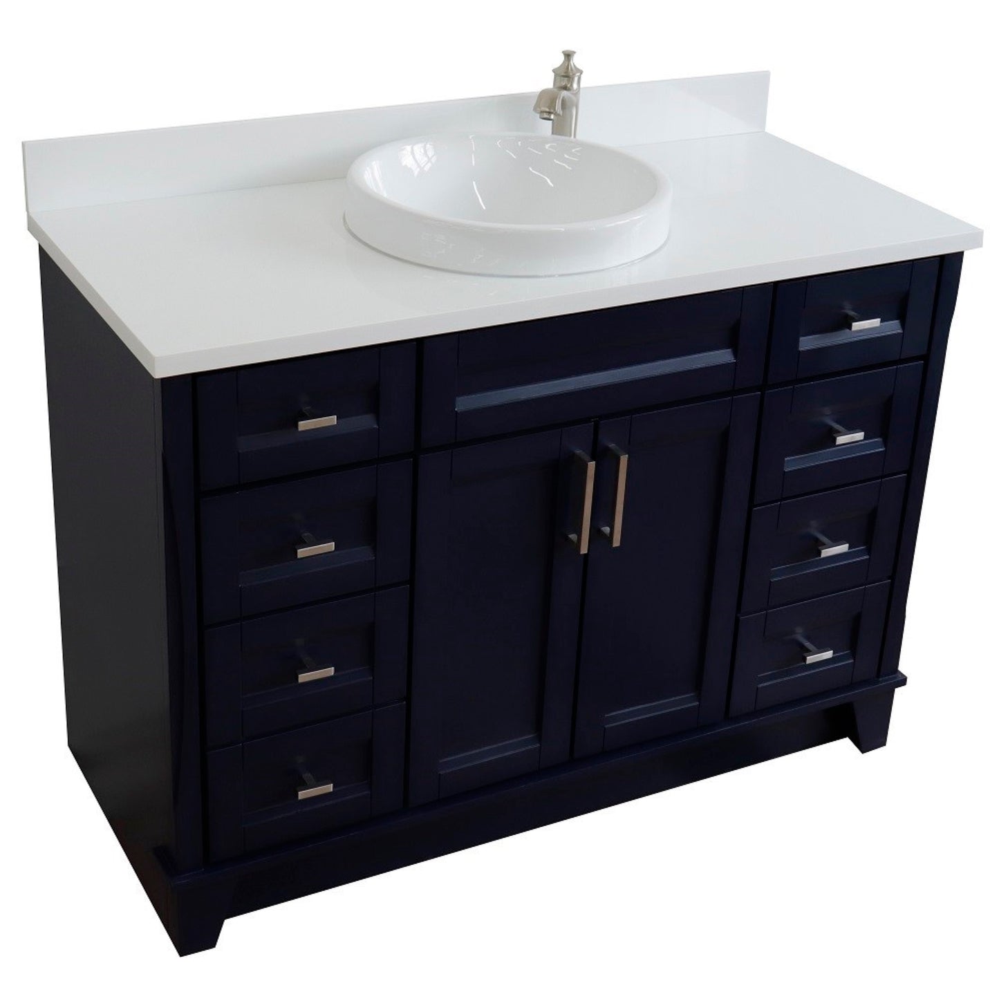 49" Single sink vanity in Blue finish with White engineered stone and round sink