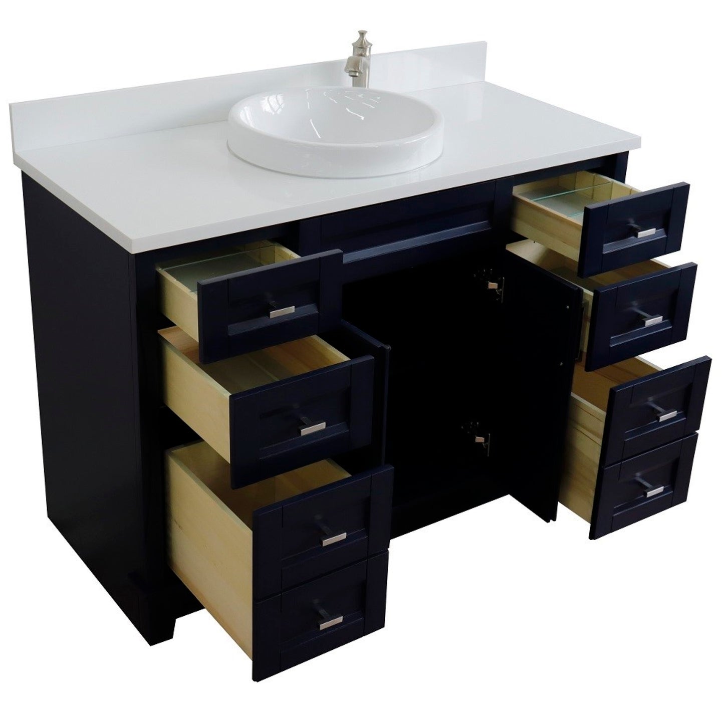 49" Single sink vanity in Blue finish with White engineered stone and round sink