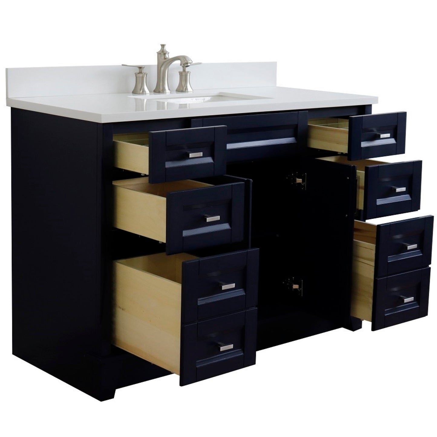 49" Single sink vanity in Blue finish with White engineered stone and rectangle sink