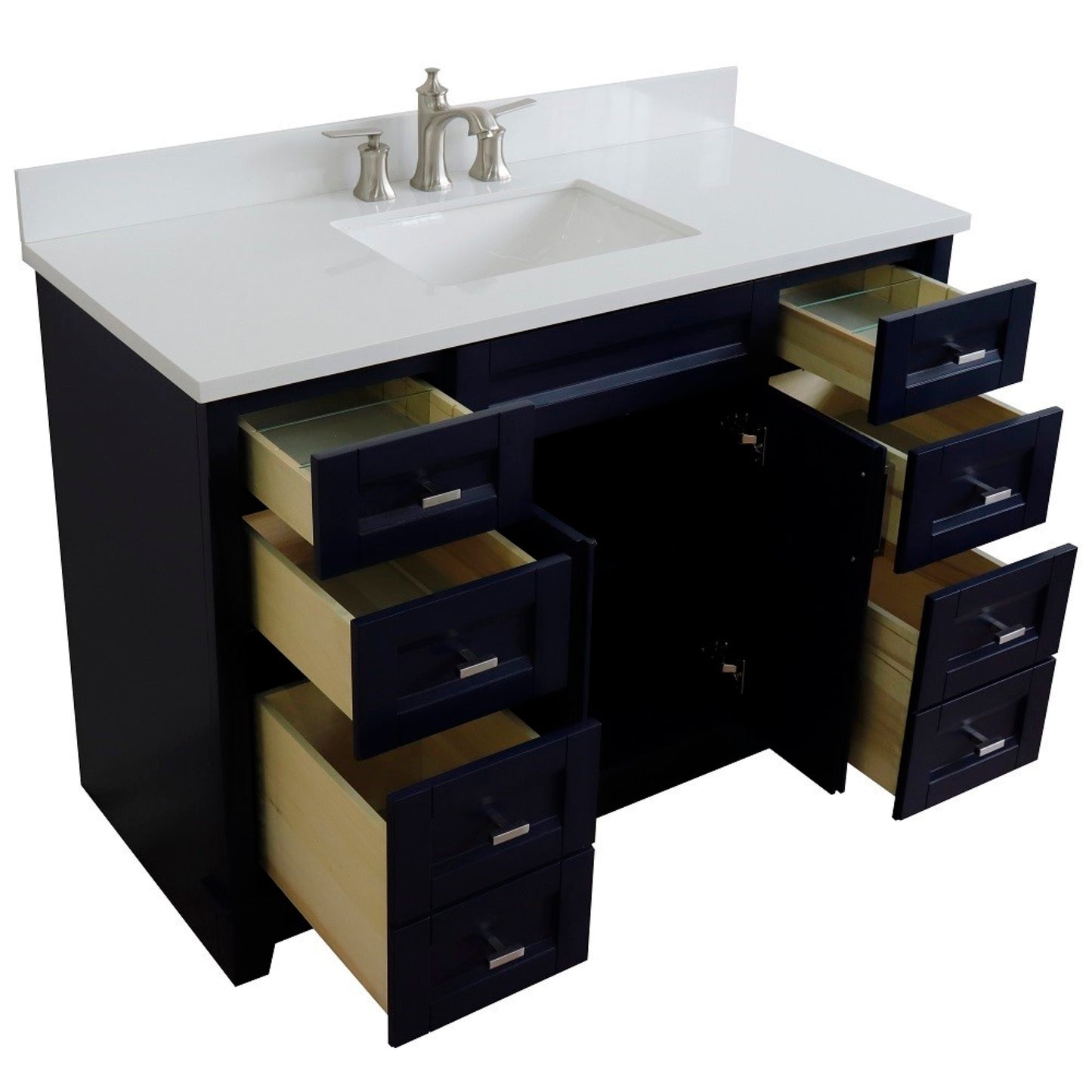 49" Single sink vanity in Blue finish with White engineered stone and rectangle sink