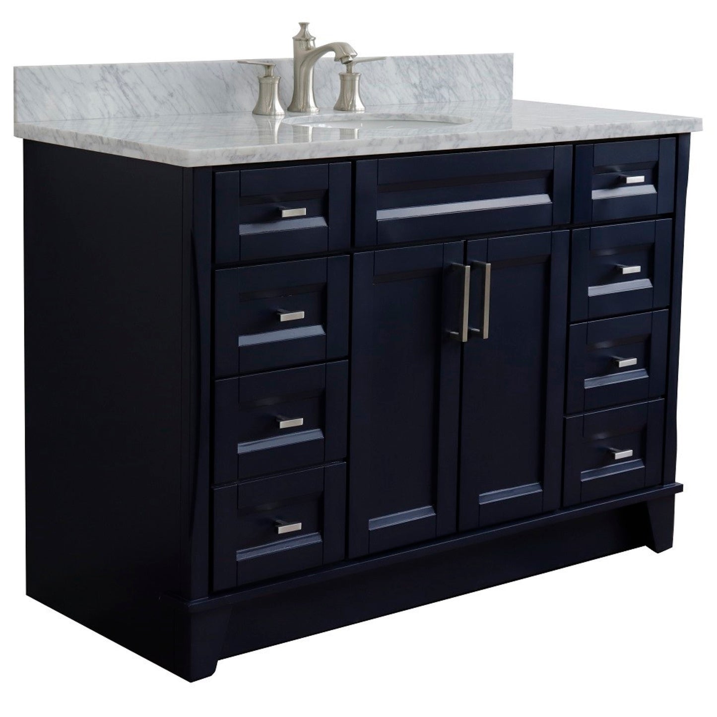 49" Single sink vanity in Blue finish with White carrara marble and oval sink