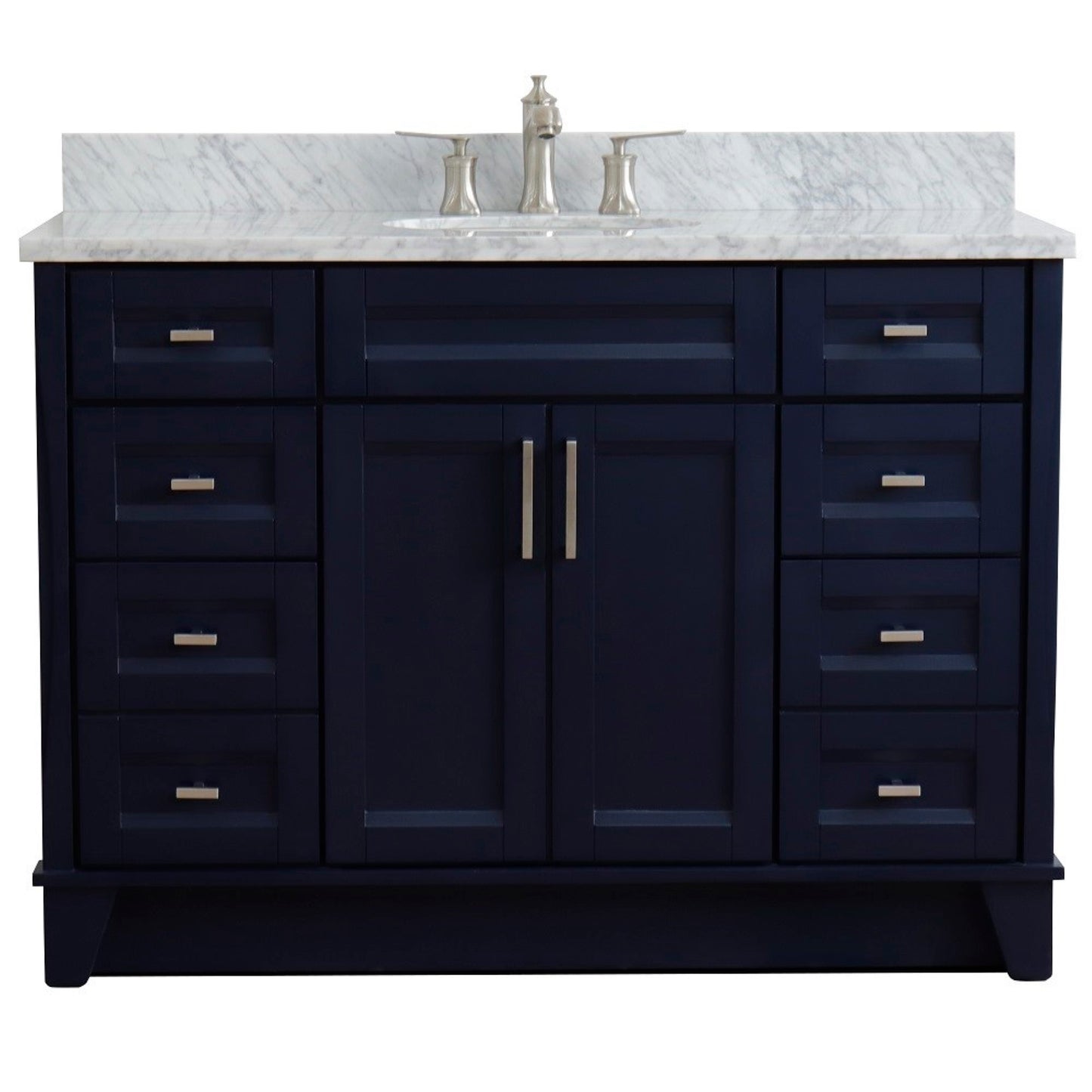 49" Single sink vanity in Blue finish with White carrara marble and oval sink