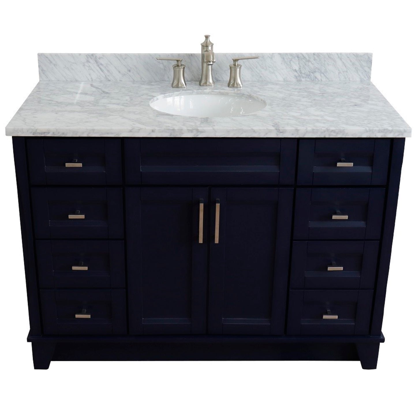 49" Single sink vanity in Blue finish with White carrara marble and oval sink