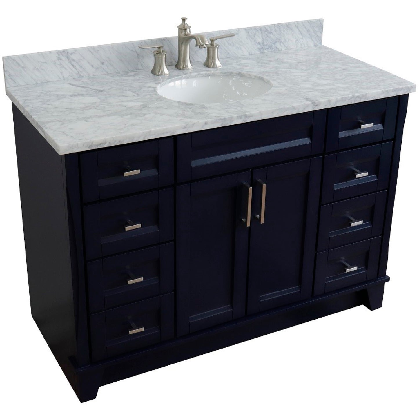 49" Single sink vanity in Blue finish with White carrara marble and oval sink