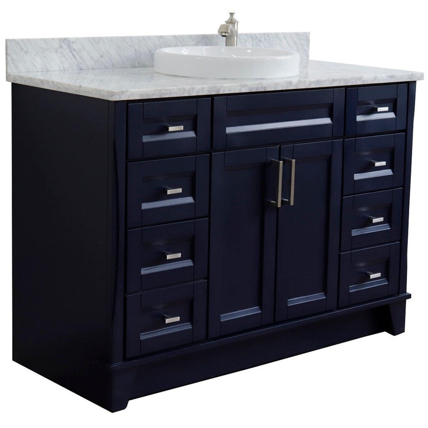 49" Single sink vanity in Blue finish with White carrara marble and round sink