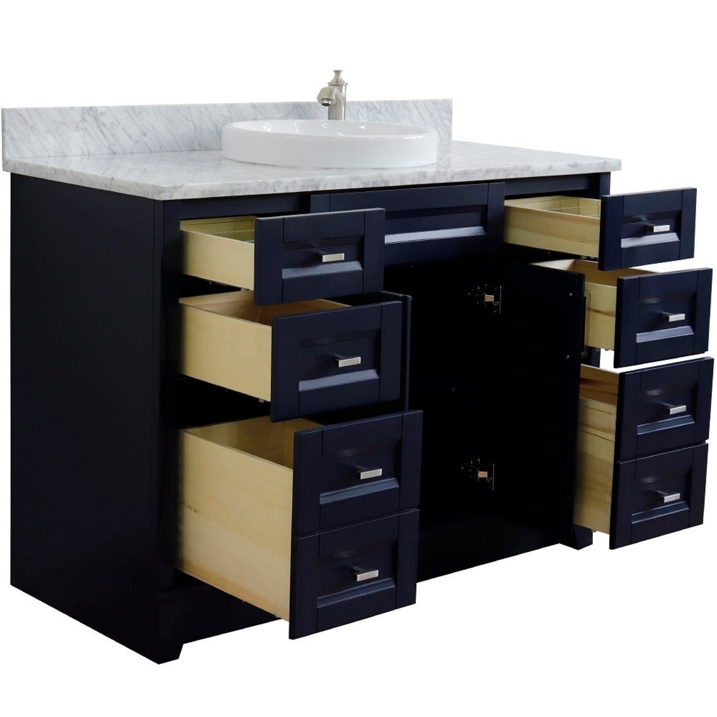 49" Single sink vanity in Blue finish with White carrara marble and round sink