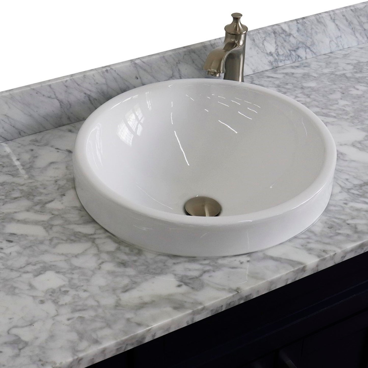 49" Single sink vanity in Blue finish with White carrara marble and round sink