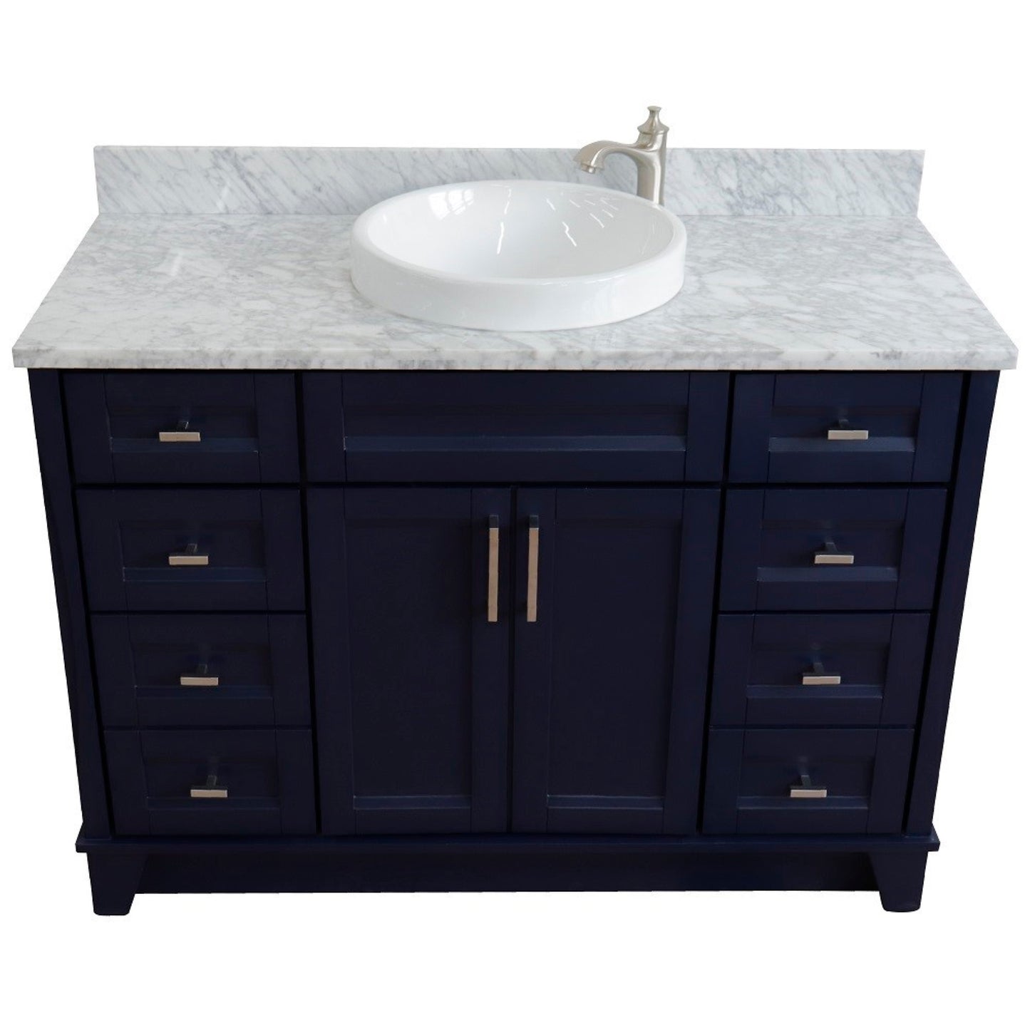 49" Single sink vanity in Blue finish with White carrara marble and round sink