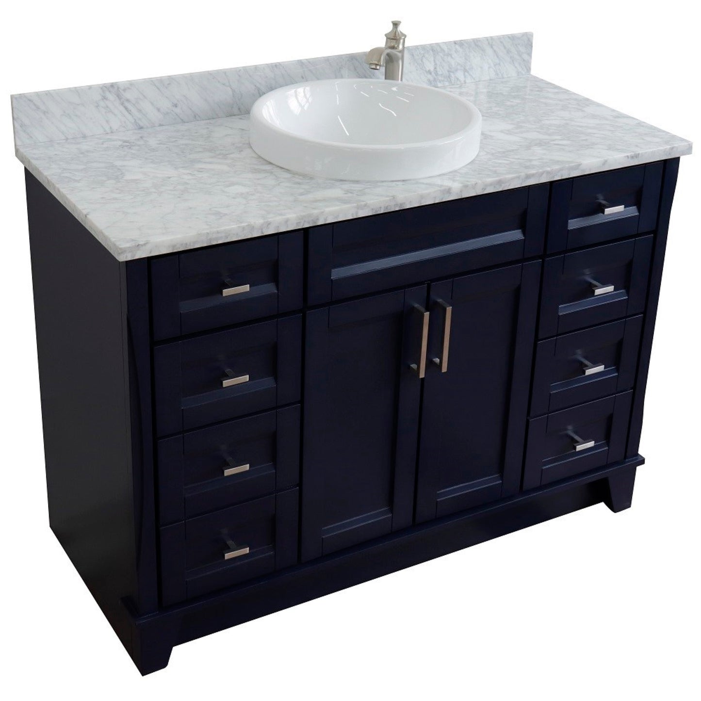 49" Single sink vanity in Blue finish with White carrara marble and round sink