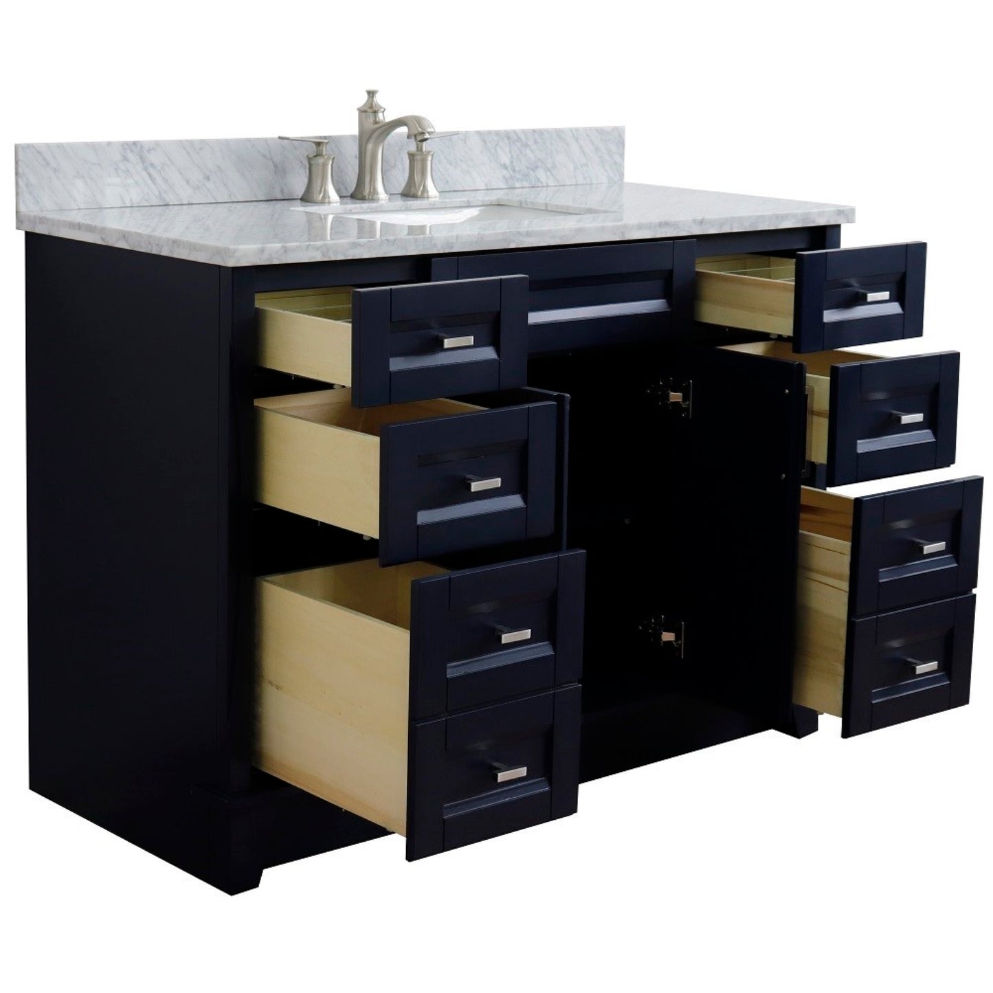 49" Single sink vanity in Blue finish with White carrara marble and rectangle sink