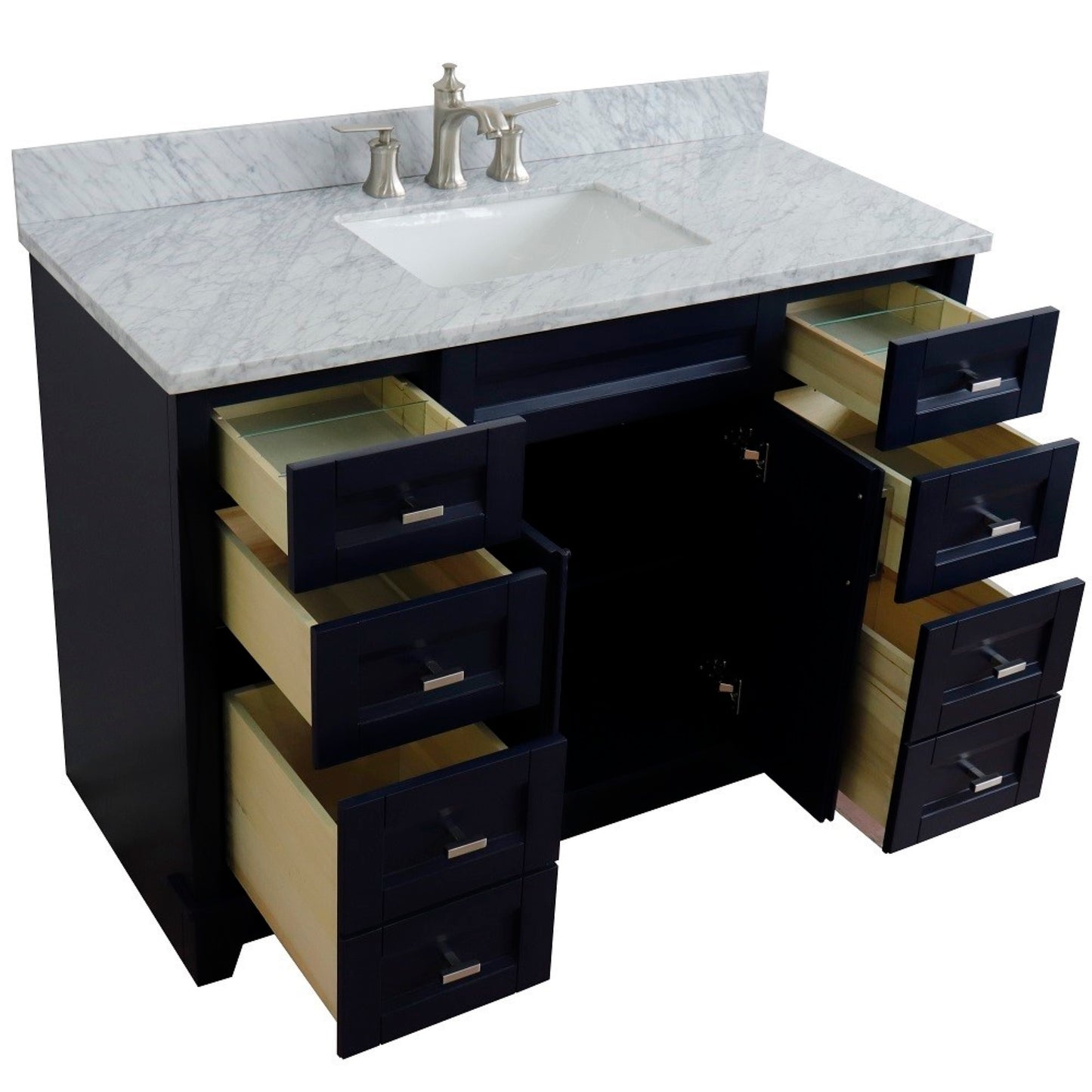 49" Single sink vanity in Blue finish with White carrara marble and rectangle sink