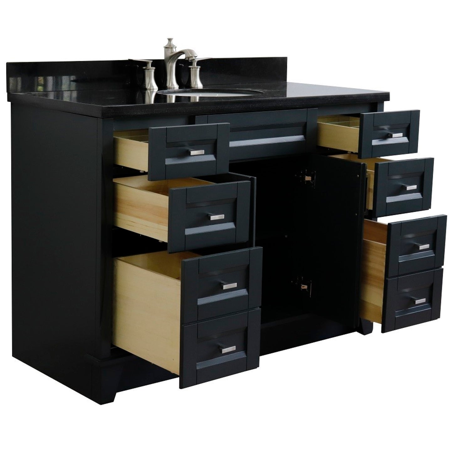 49" Single sink vanity in Dark Gray finish with Black galaxy granite and oval sink