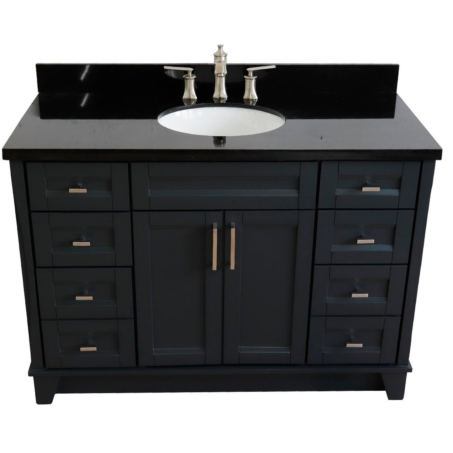 49" Single sink vanity in Dark Gray finish with Black galaxy granite and oval sink