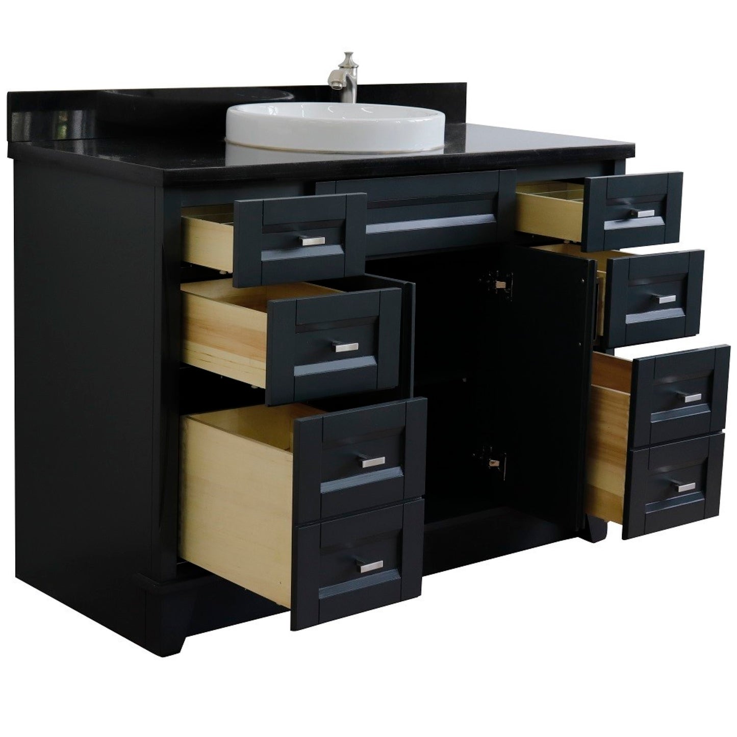 49" Single sink vanity in Dark Gray finish with Black galaxy granite and round sink