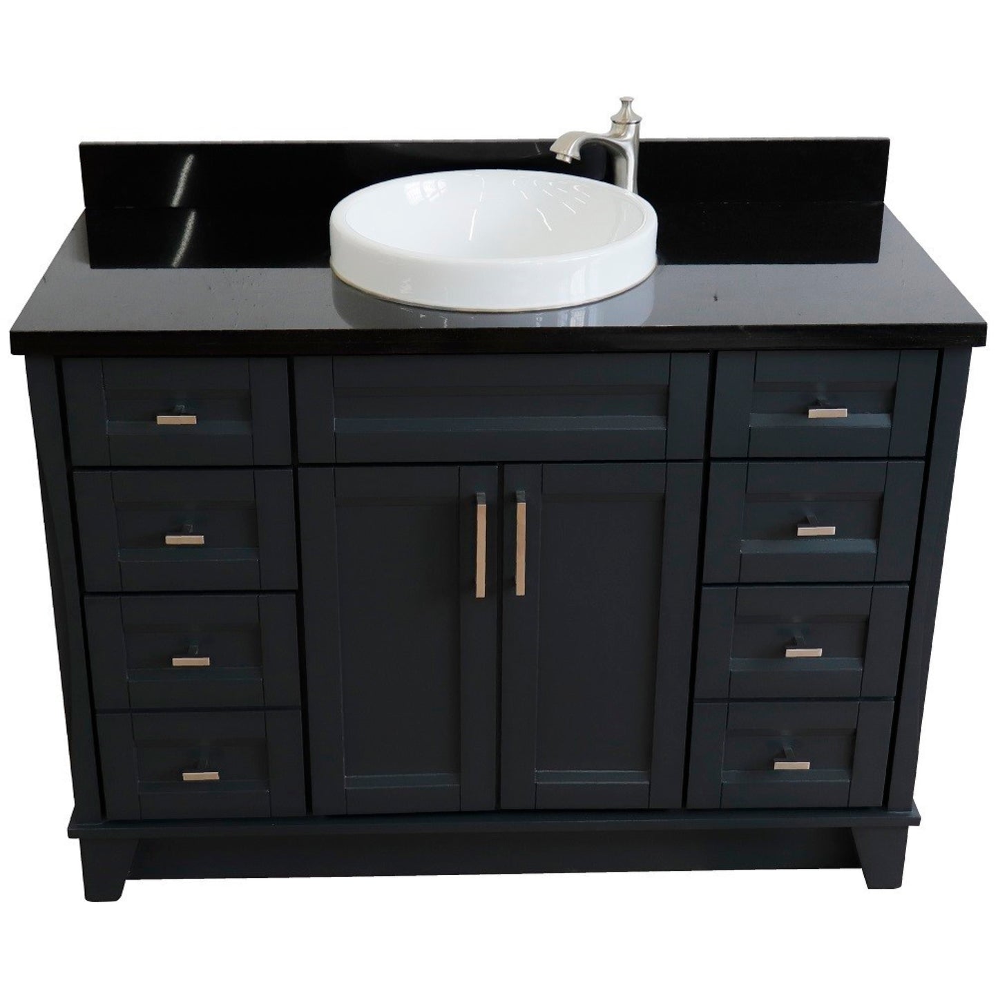 49" Single sink vanity in Dark Gray finish with Black galaxy granite and round sink