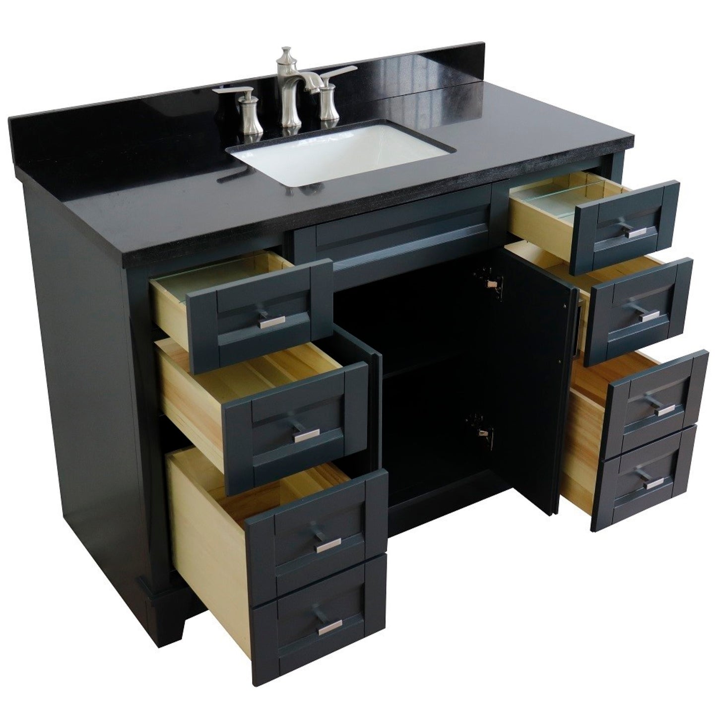 49" Single sink vanity in Dark Gray finish with Black galaxy granite and rectangle sink