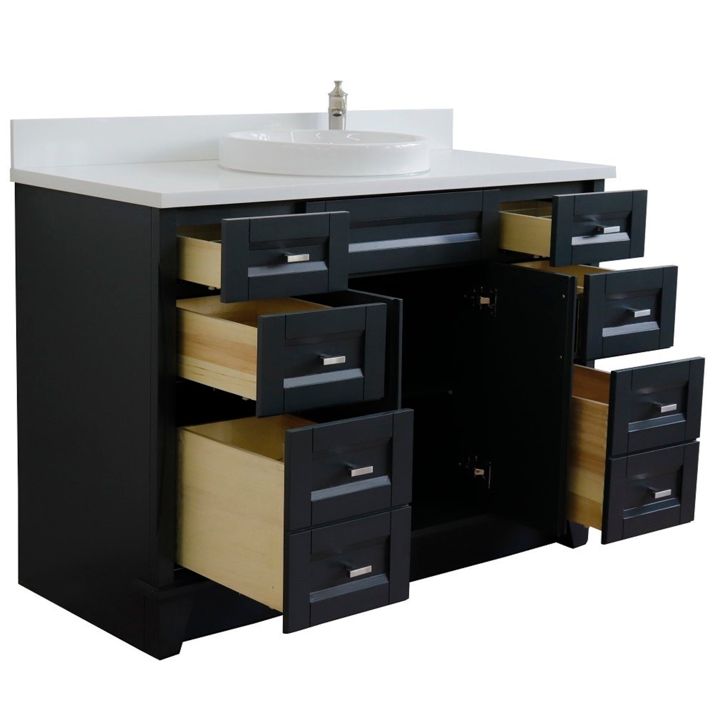 49" Single sink vanity in Dark Gray finish with White engineered stone and round sink