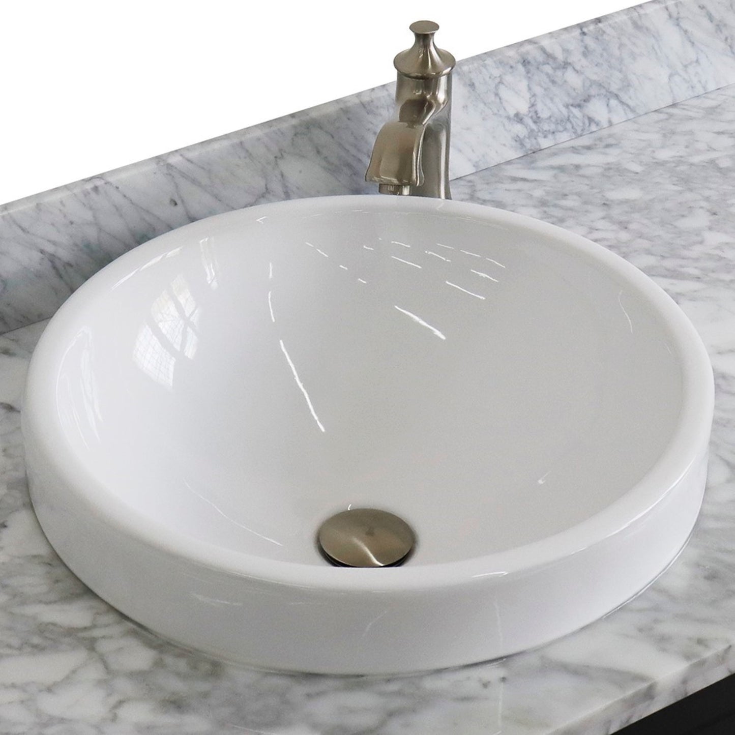 49" Single sink vanity in Dark Gray finish with White Carrara marble and round sink