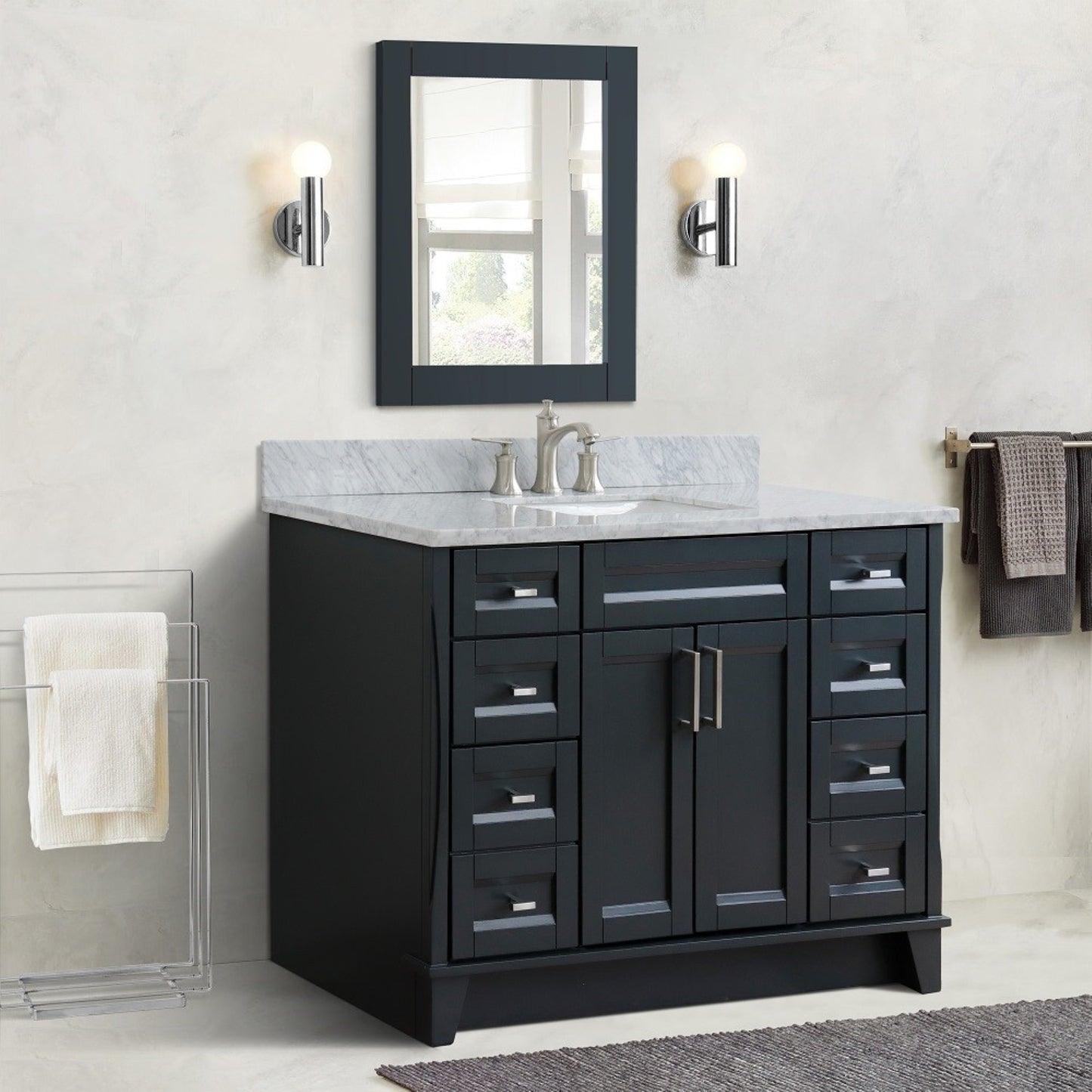 49" Single sink vanity in Dark Gray finish with White Carrara marble and rectangle sink