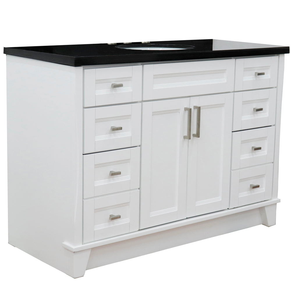 49" Single sink vanity in White finish with Black galaxy granite and oval sink