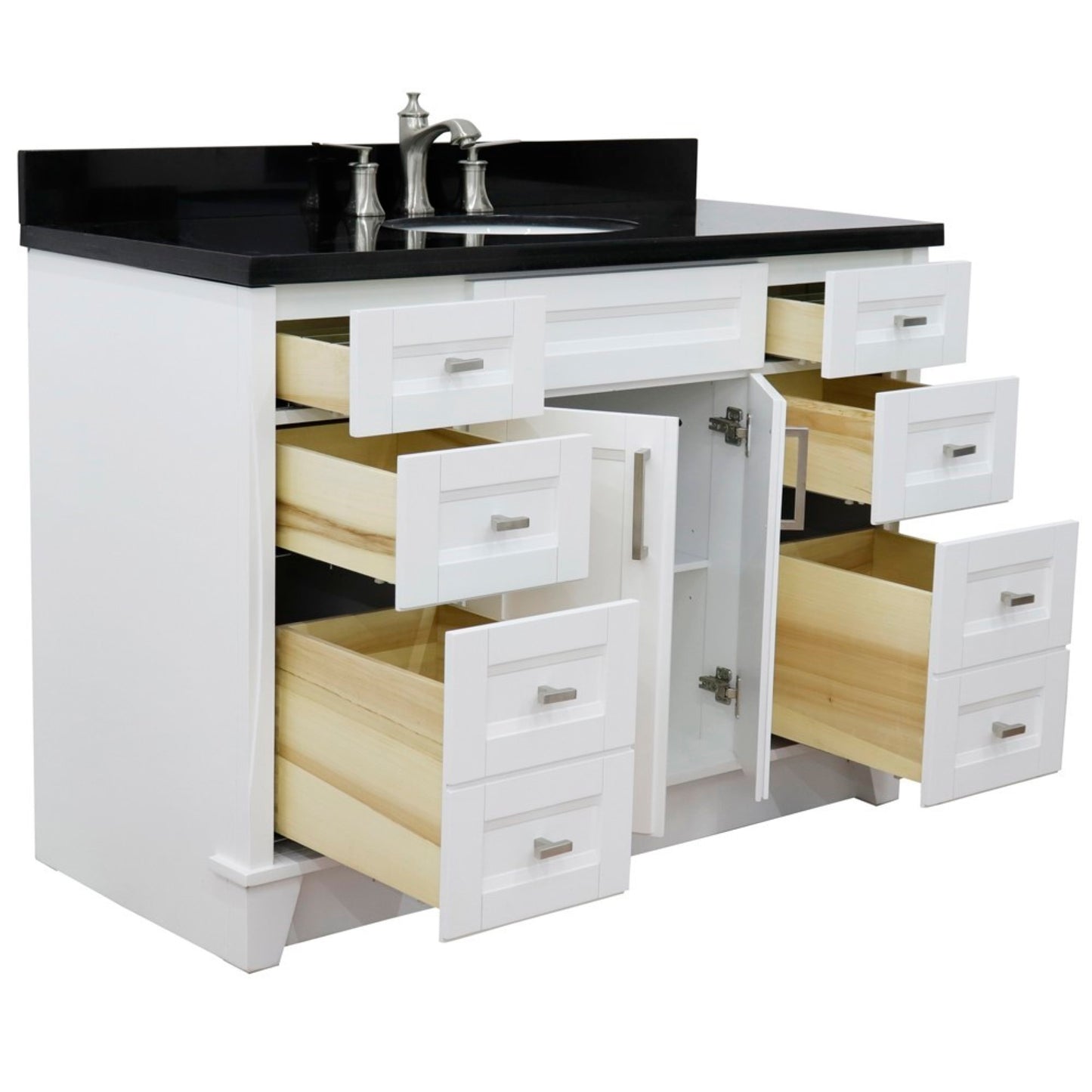 49" Single sink vanity in White finish with Black galaxy granite and oval sink