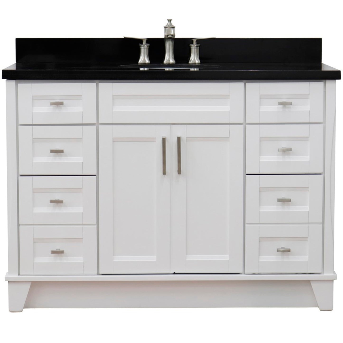 49" Single sink vanity in White finish with Black galaxy granite and oval sink