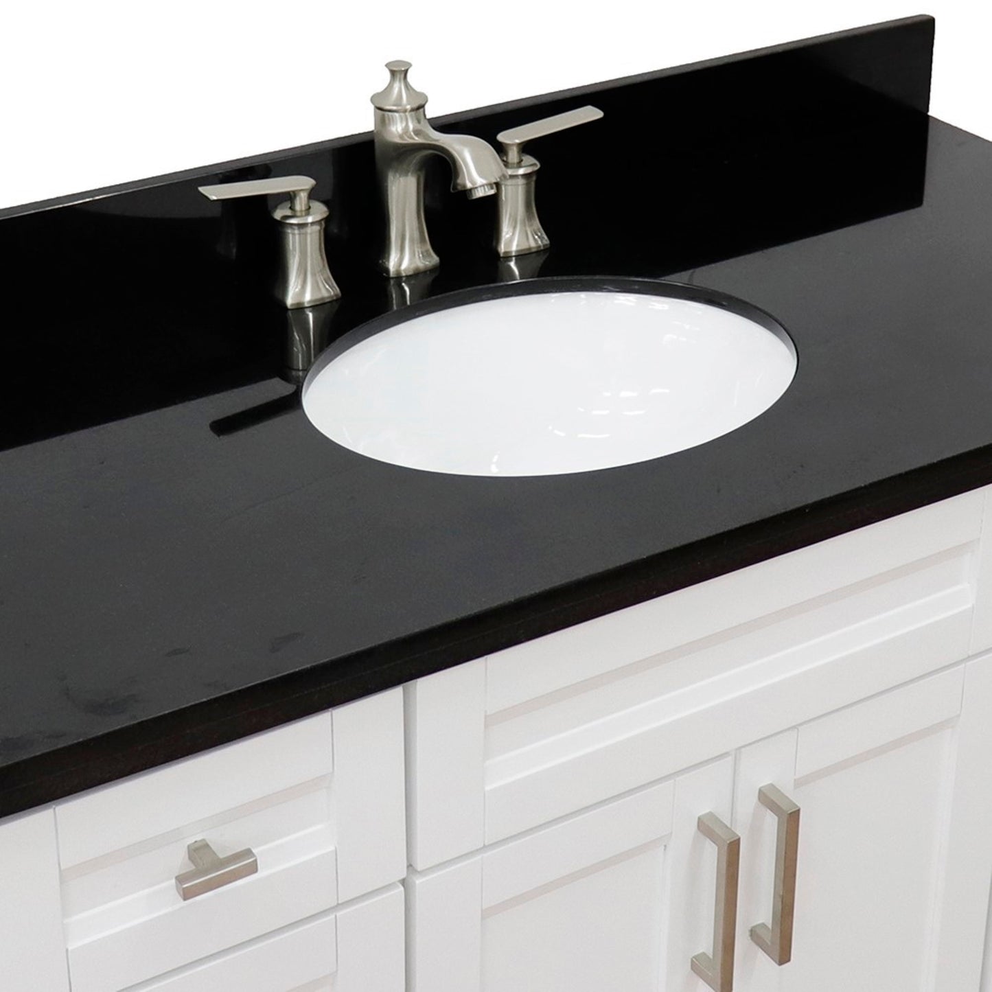 49" Single sink vanity in White finish with Black galaxy granite and oval sink