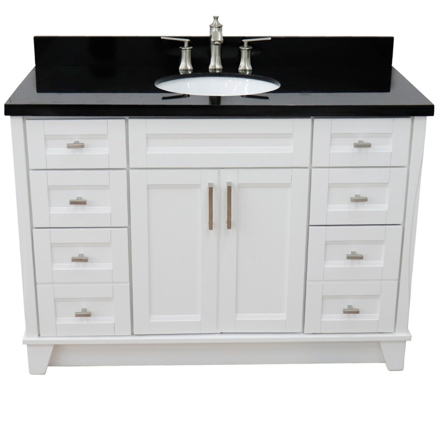 49" Single sink vanity in White finish with Black galaxy granite and oval sink