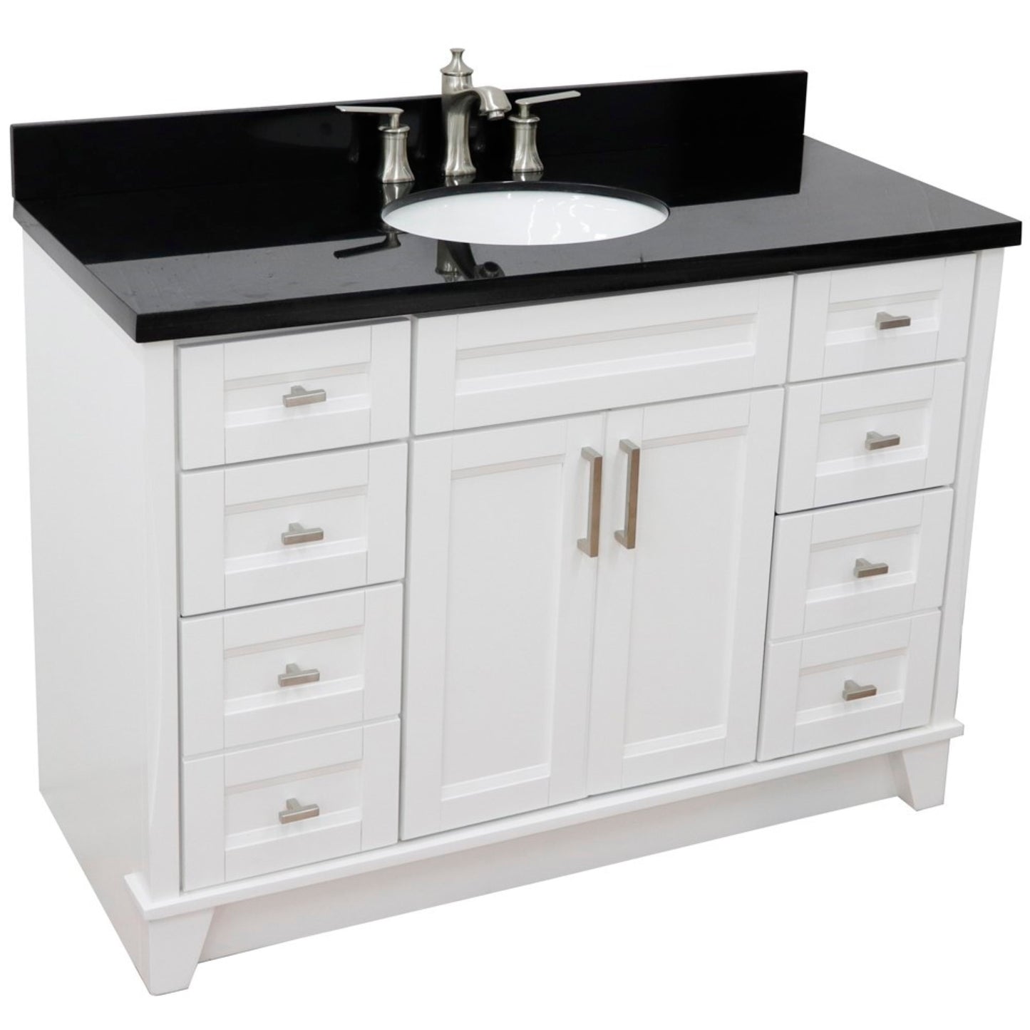 49" Single sink vanity in White finish with Black galaxy granite and oval sink
