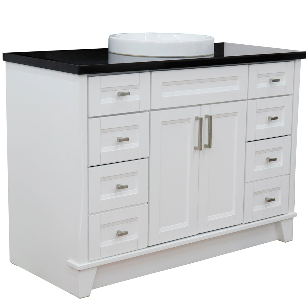 49" Single sink vanity in White finish with Black galaxy granite and round sink