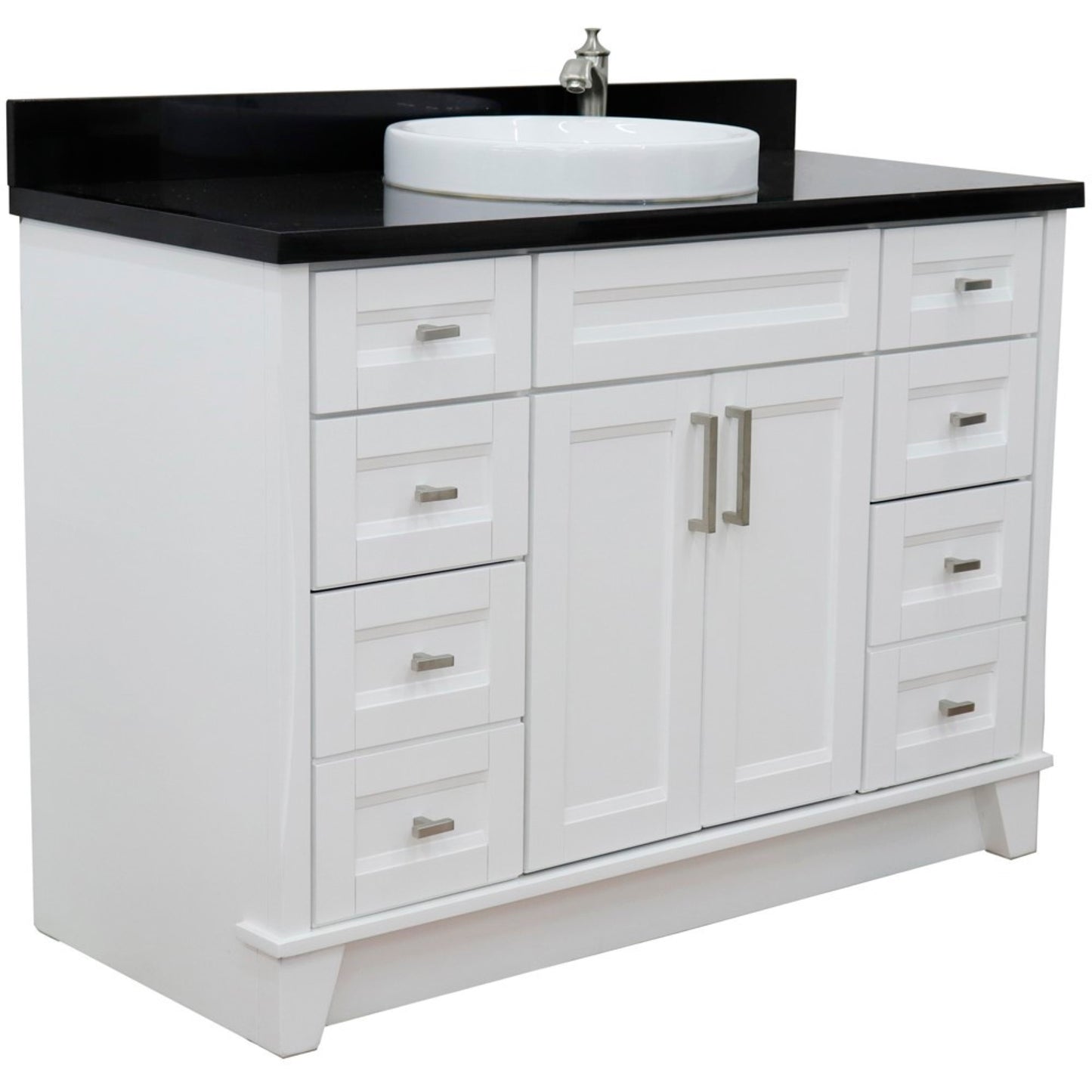 49" Single sink vanity in White finish with Black galaxy granite and round sink