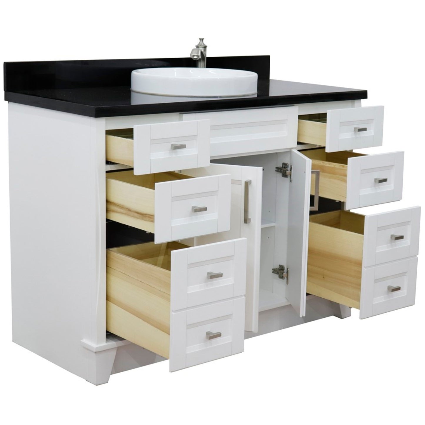 49" Single sink vanity in White finish with Black galaxy granite and round sink