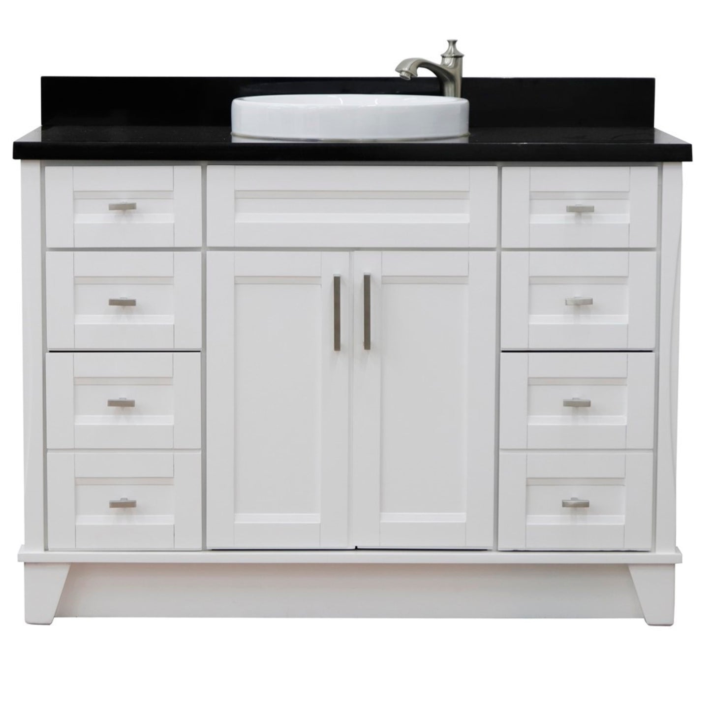 49" Single sink vanity in White finish with Black galaxy granite and round sink