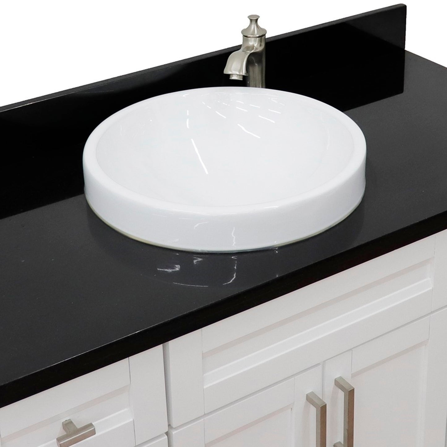 49" Single sink vanity in White finish with Black galaxy granite and round sink