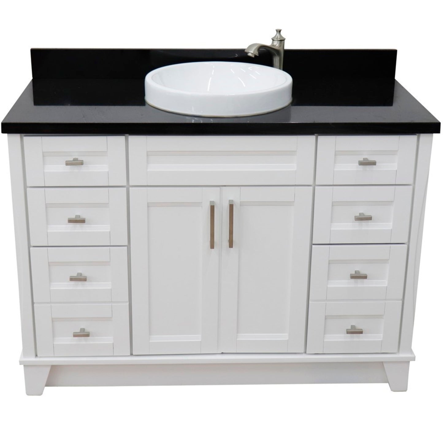 49" Single sink vanity in White finish with Black galaxy granite and round sink