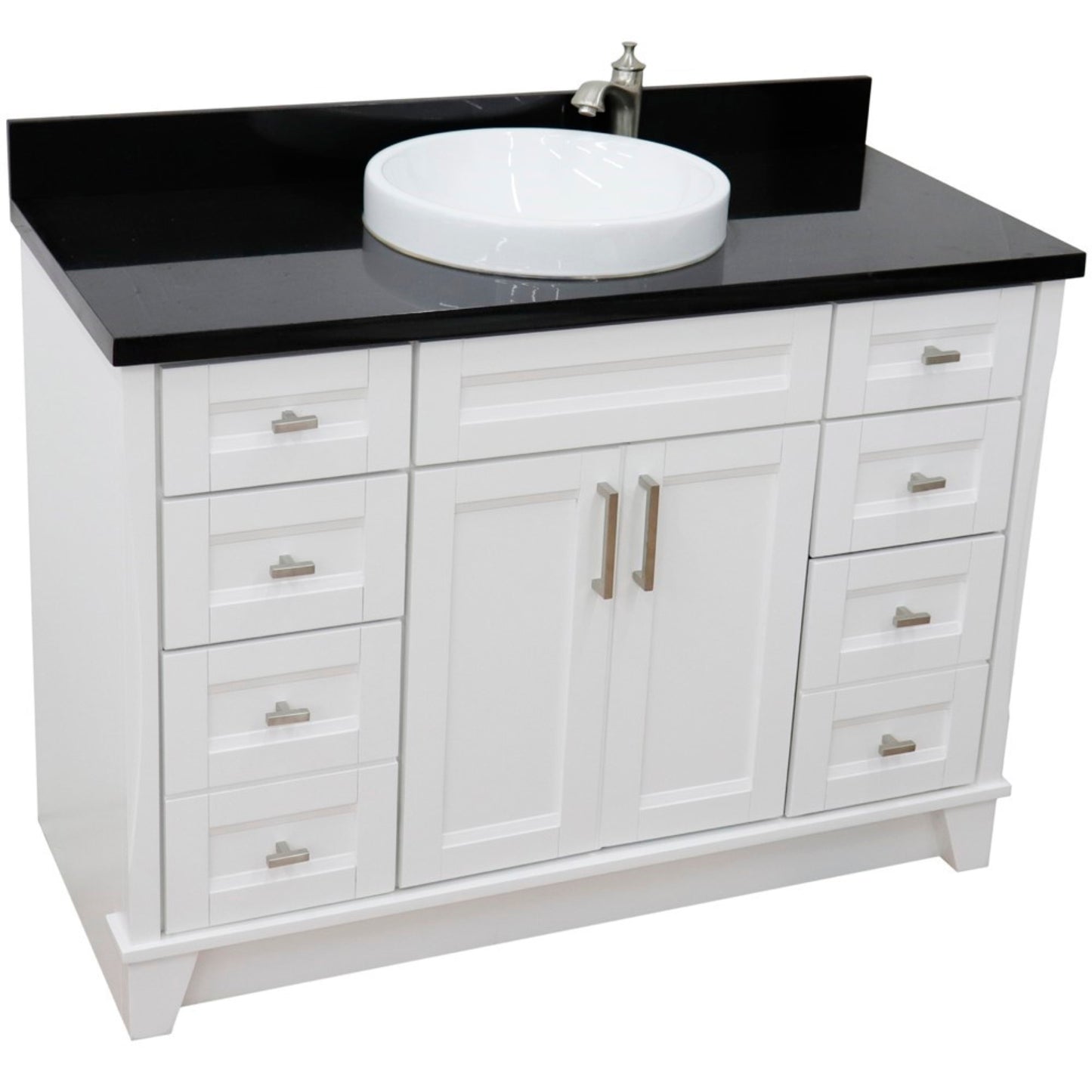 49" Single sink vanity in White finish with Black galaxy granite and round sink