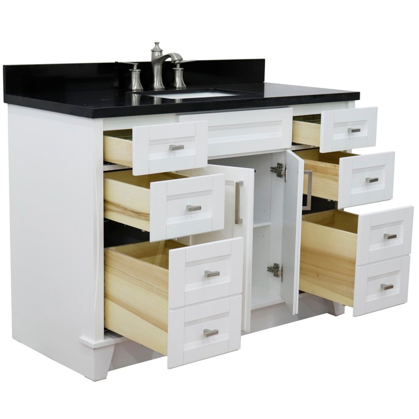 49" Single sink vanity in White finish with Black galaxy granite and rectangle sink